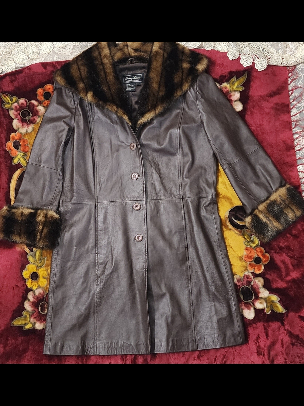 EUC Terry Lewis Leather Coat with Faux Fur Trim
